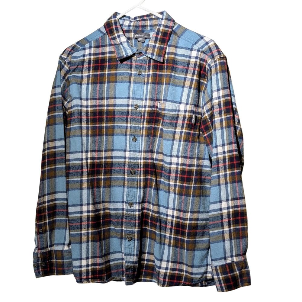 Eddie Bauer Blue Brown Plaid Cotton Flannel Button Up Shirt Men's Sz XL